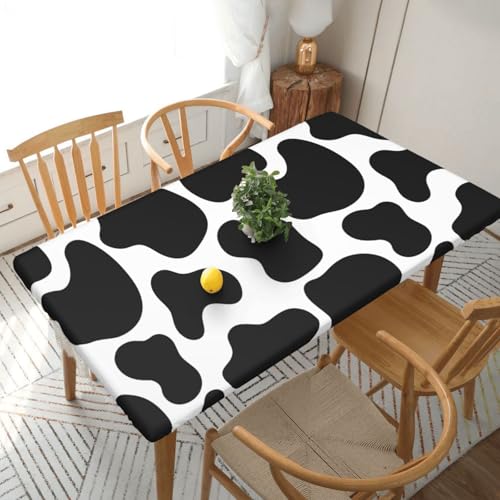 Image of OJJK OJJK Waterproof & Oil-Resistant Elastic Edge Tablecloth - Polyester, Stain-Resistant & Easy Clean, Spill-Resistant, Heat-Proof - Decorative & Practical for Dining (Cow Pattern, 5FT(60inx30in))