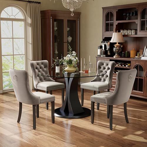 Image of 5-Piece Dining Table Set with 39In Tempered Glass Table and 4 Velvet Upholstered Chairs, Modern Scandinavian Furniture for Dining Room Kitchen(Gray)