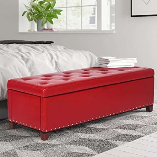 Joveco Storage Ottoman PU Leather Button Tufted Entryway Bench Rectangular Toy Chest Coffee Tables Footstool for Living Room Bedroom, Need to DIY Assemble/ Put it Together, (Red)