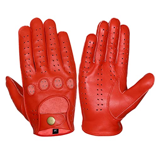 WASPRO Genuine Leather Gloves Pure Leather Fashion Gloves Lambskin Leather Gloves Leather Motorcycle Gloves Knuckle Fit Gloves (Red X-Large)