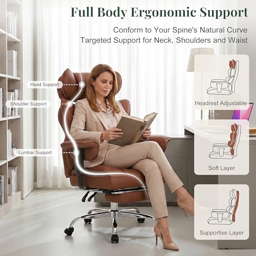 Image of Big and Tall Ergonomic Office Chair,400 LBS,High Back Reclining PU Leather Gaming Chair with Footrest, Adjustable Armrests, Lumbar Support, Executive Desk Chair for Home Office, Brown