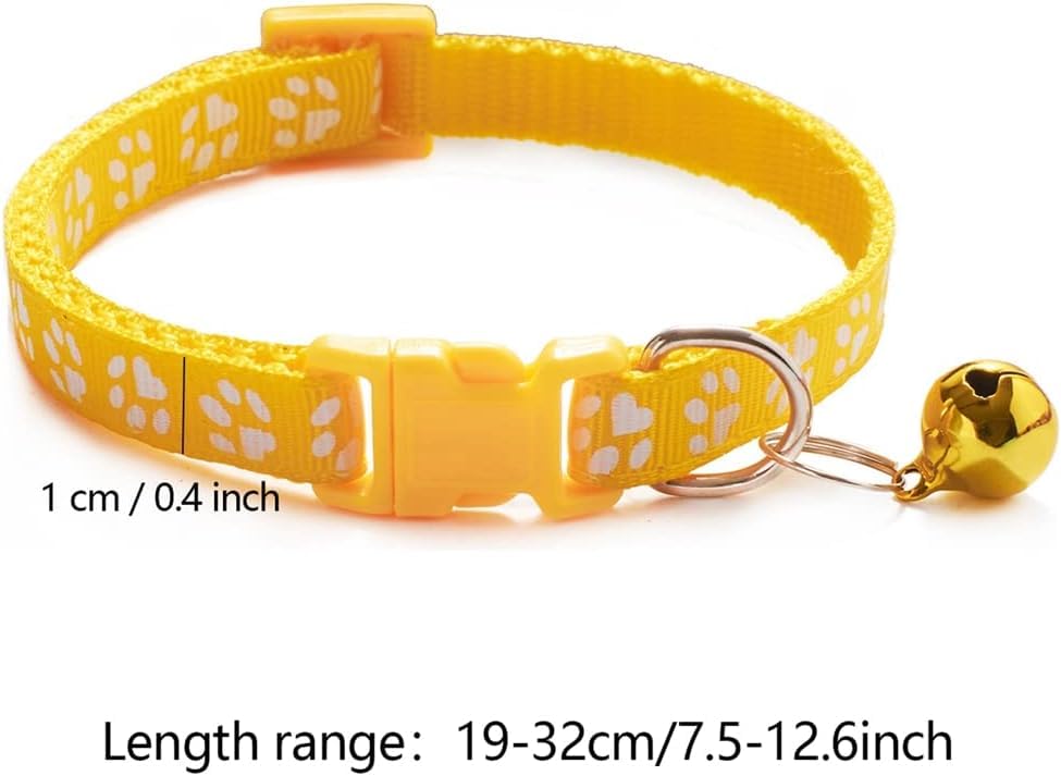 Image of Footprint Cat Collar with Bell Basic Dog Cat Collar I Buckle Adjustable Polyester Cat Dog Collar I with Bell 10 MM (Yellow Color)