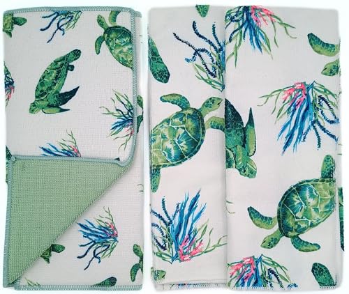 Sg6 Sea Turtle Kitchen Towel Set, 2 Decorative Towels 15x25 inches and Drying Mat 12x18 inches, Coastal Design, Light Weight, White and Green