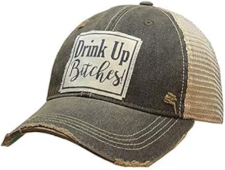 VINTAGE LIFE Distressed Washed Fun Baseball Trucker Mesh Cap (Drink up Bitches (Black))
