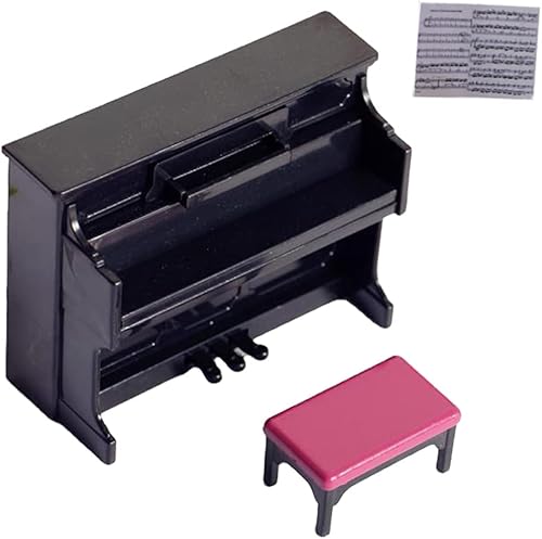 Piano de casa de muñecas, mini juguete de piano vertical, de simulación en miniatura, piano vertical de plástico con taburete y partitura musical,