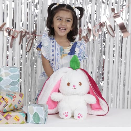 Image of Reversible Strawberry Rabbit Bunny Carrot Plush Toys with Zipper, Cute and Versatile Plushies Stuffed Animal Soft Toy Birthday Gift for Girls & Kids (Red)