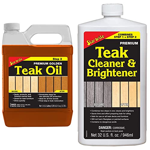 Image of STAR BRITE Premium Golden Teak Oil - Sealer, Preserver & Finish for Outdoor Teak & Other Fine Woods - Step 3-1 GAL (085100) & One Step Teak Cleaner & Brightener - 32 OZ (094932), White
