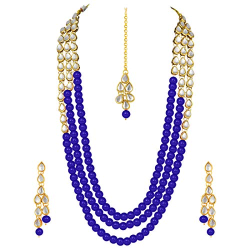 Aheli Classy Bollywood Party Wedding Kundan and Blue Colour Beads Necklace Earrings with Maang Tikka Set Indian Traditional Ethnic Fashion Jewelry for Women