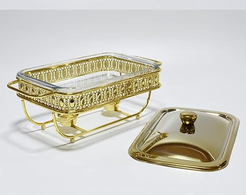 Honhpd Stainless Steel Chafing Dish, 2 Litres Full Size Buffet Chafer Set With Glass Food Plate, Square Metal Chafing Dishes Rack And Lid For Buffet, Weddings, Parties, Gold #TOP6