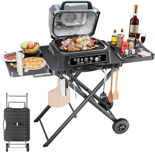 Image of Outdoor Portable Grill Table Cart for Ninja Woodfire- OG701 OG850 OG951, 51in Large Foldable Grill Stand for Ninja Blackstone, Weber, with Paper Towel Holder and J-hooks