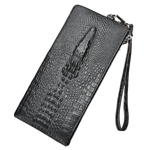 Genuine Leather Men's Crocodile Pattern Wallet Id Holder Cell Phone Man Purse Long Cowhide Wallet Business Multi Slot Cluth Bag,Black