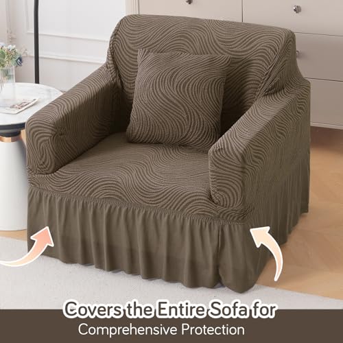Image of HOKIPO 240 GSM Premium Jacquard Fully Covered Stretchable Sofa Cover for 1 Seater, 'Serene Wave Series' Taupe Brown (AR-6352-LBR)