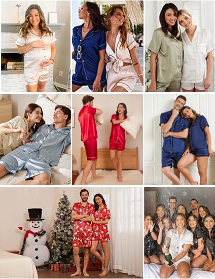 Image of Ekouaer Couple Matching Pajamas Sets Silk Short Sleeve Button Down Sleepwear Satin Pjs Shorts Set Soft Loungewear S-XXL
