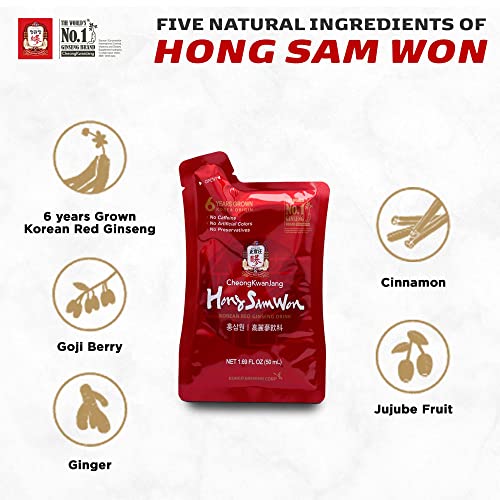 Cheongkwanjang [Hong Sam Won - Korean Red Ginseng Drinks Pre Workout Energy Drink For Men & Women, Korean Food Korean Red Panax Ginseng Extract Tea, Increase Productivity, Circulation - 20 Pouches #TOP2