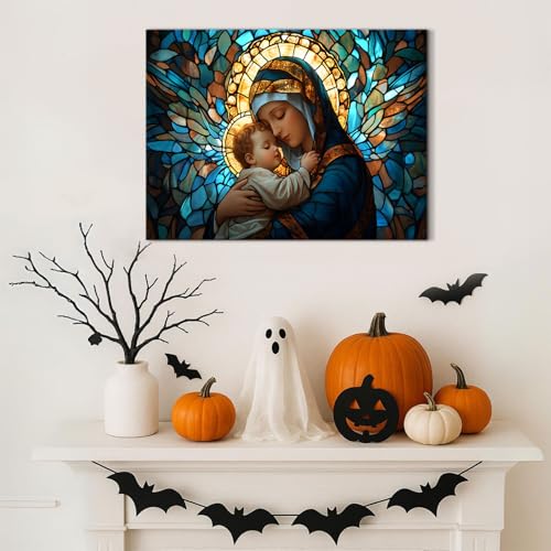 Image of Virgin Mary Wall Art for Living Room Our Lady Hold Baby Jesus Pictures Wall Decor Retro Abstract Guadalupe Canvas Prints Spiritual Catholic Painting Artwork Bedroom Church Home Decorations 12x16 inch