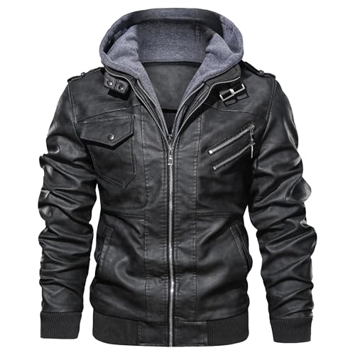 JEKE-DG Men's Hooded Faux Leather Motorcycle Coat Slim Fit Vintage Long Sleeve Coat Jacket Zip Up Bomber Fall Coats