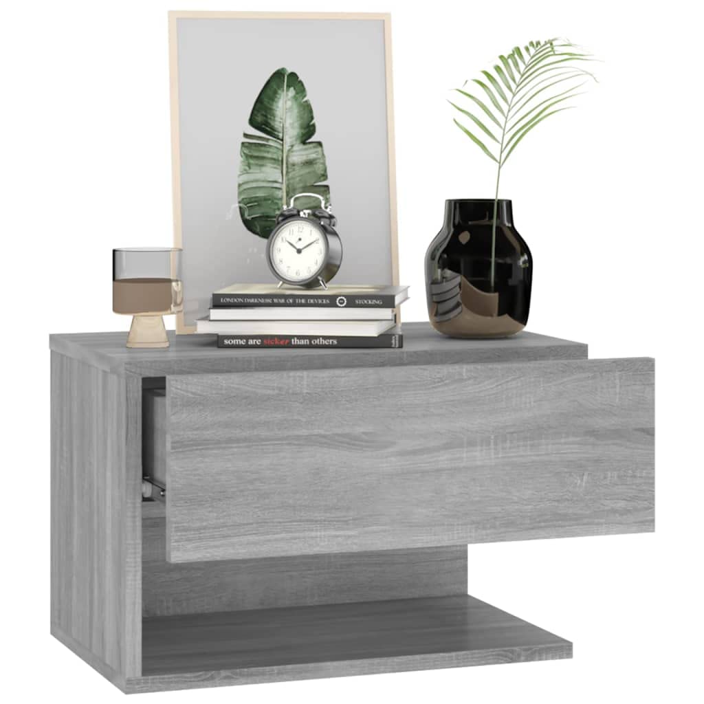 Mesa de noche de pared flotante gris de madera de ingeniería, armario de almacenamiento colgante para libros y baratijas, diseño de pared, ahorro de espacio para dormitorio