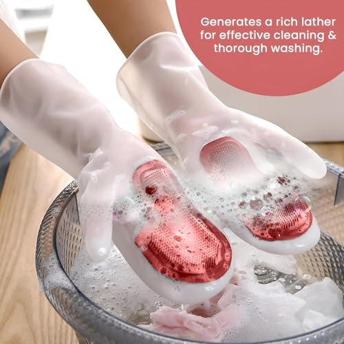 Image of UCRAVO Silicone Dishwashing Scrubber Gloves with Built-in Bristles, Reusable Kitchen Cleaning Gloves, Heat Resistant Silicone Dish Washing for Dishes, Sink, Bathroom, Car Washing & Household Cleaning