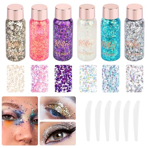 6 Piezas gel purpurina liquida Corporal, Gel de Brillo Corporal, Lentejuelas de Sirena Chunky Glitter Cara Cabello Uñas Labios Gel para Festival, ​para Brillantes Cabello y Cuerpo Halloween