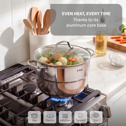 Image of T-Fal Specialty 7.2 Quarts Stainless Steel Pan Stockpot with Lid, Induction Compatible, Dishwasher Safe, Oven Safe to 500F, Stew Pot, Silver