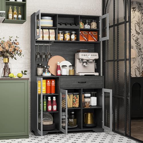 Image of Fatmok 71 inch Tall Pantry Cabinet with Glass Doors, Kitchen Hutch Storage Cabinet, Coffee Bar & Liquor Cabinet with Charging Station & LED Lights, Wine Rack, Adjustable Shelves&Large Drawer, Grey
