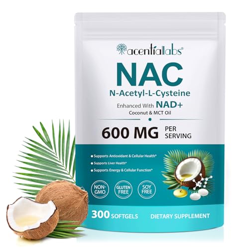 NAC N-Acetyl-L-Cystein 600 mg mit NAD+ 300 Softgels mit Kokosöl & MCT Öl Antioxidative Unterstützung & Zellenergie Nahrungsergänzungsmittel Non-GMO Glutenfrei Laborgeprüft
