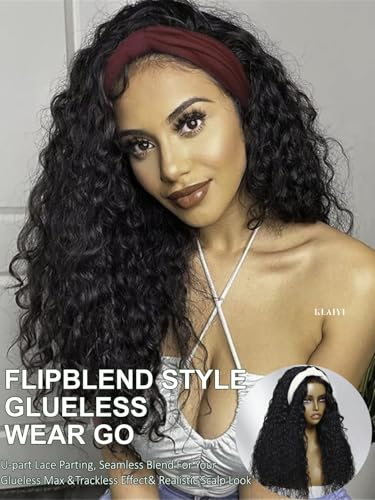 Image of KLAIYI Water Wave 3 In 1 Flip Over 3 /4 Half Wig Human Hair Curly Flip Over Seamless Blend Edges Glueless Wear and Go Drawstring Headband Clip In Wigs for Women Ready to Go Wig Beginner Friendly 16Inch
