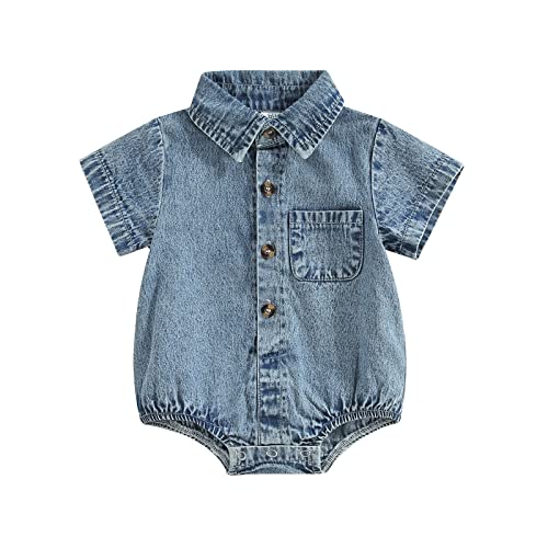 Image of Unisex Newborn Baby Boy Girl Clothes Denim Button Up Shirt Oversized Lapel Short Sleeve Bubble Romper Outfit