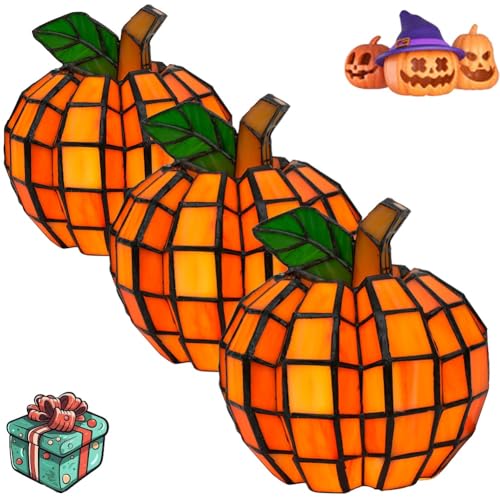 Stained Glass Pumpkin Lamp, Halloween Pumpkin Table Lamp with Terracotta