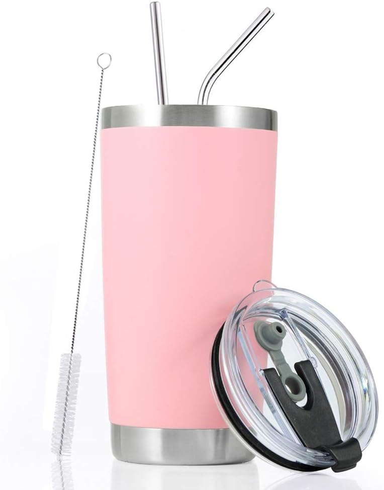 Toopify 20oz Stainless Steel Insulated Pink Tumbler Travel Mug with Straw Slider Lid, Cleaning Brush, Double Wall Vacuum