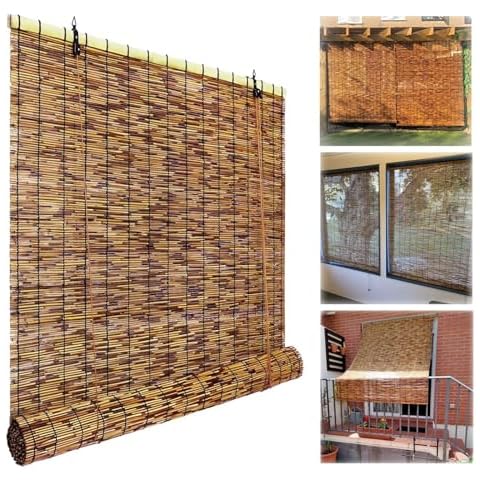 VELLOW Patio Shades Roll Up Outdoor, Bamboo Blinds for Window, Reed Roller Blinds, Cordless Blackout Bamboo Shade, Privacy Curtain, 24″ 30″ 34″ 36″ 39″ 43″ 48″ 55″ 70″ Width, UV Resistant/Waterproof Cover