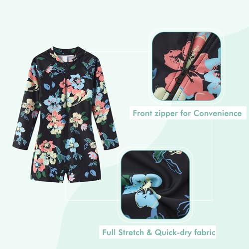 Image of Girls One Piece Swimsuits for Girls Long Sleeve Bathing Suit Sun Protection Rash Guard with Front Zipper 3-16 Years