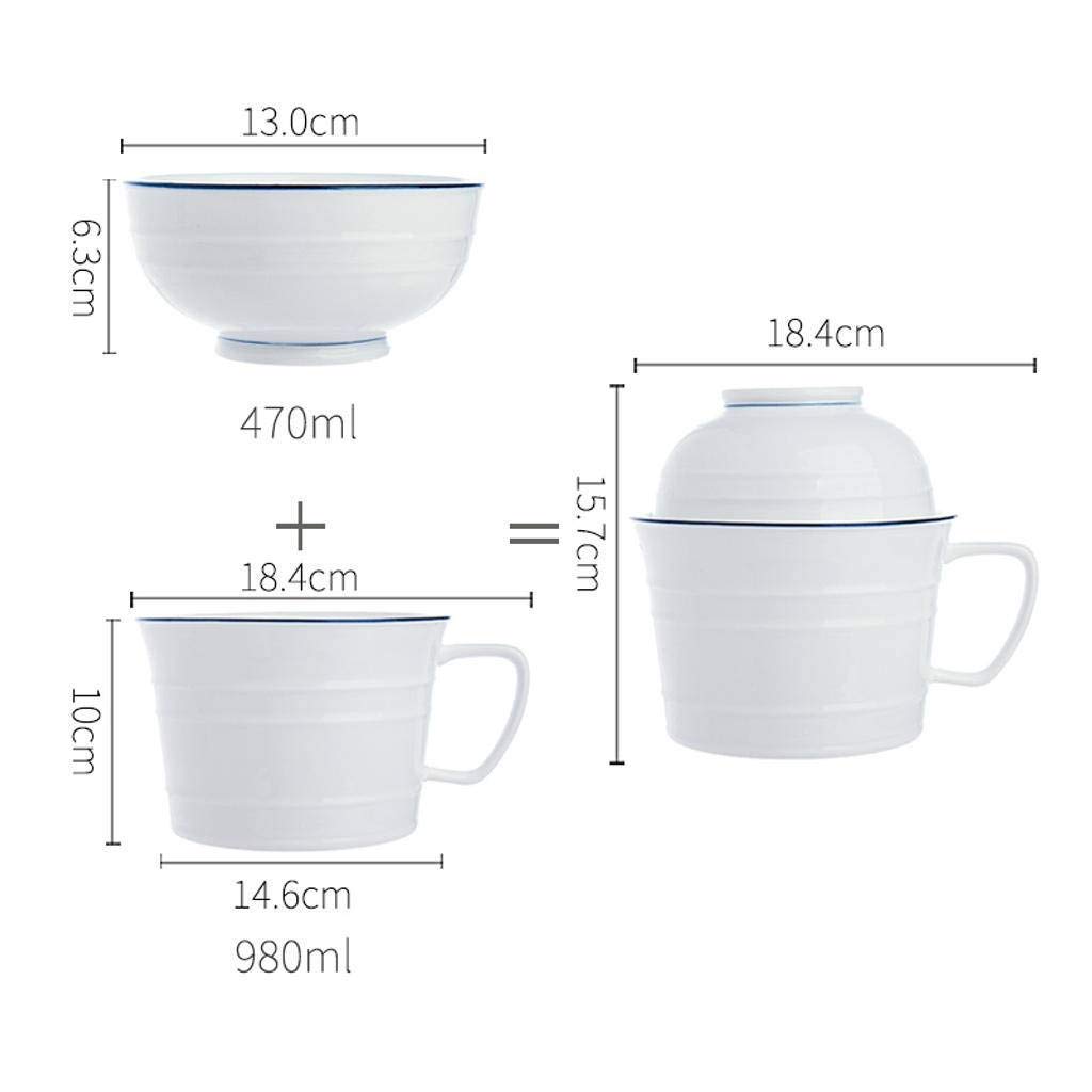 Suppenteller Schalen mit Griff Instant Nudeln Oberfläche mit Deckel Keramik Student Wohnheim Zimmer Big Adult Japanisch-Stil Weiß-980ML