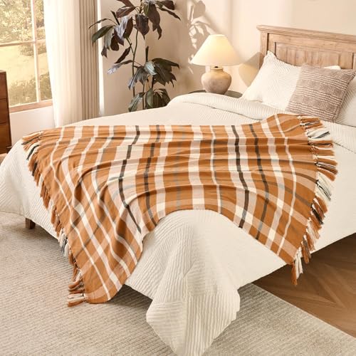 Manta decorativa a cuadros Lanpn, suave y acogedora para sofá o cama, acrílico con flecos, 50x60, Caqui miniatura 3