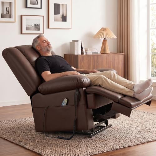 Image of Couchus Large Dual Motor Power Lift Recliner Chair with Massage and Heat for Elderly People, Infinite Position, USB Ports and Remote Control, Breathable PU Leather (Red Brown)