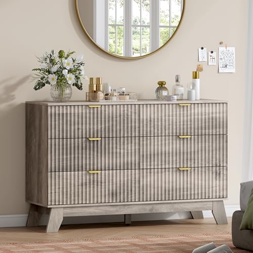 Image of Wodeer 6 Drawer Fluted Dresser for Bedroom, Mid Century Modern Wooden Dresser with 6 Drawers, Dressers & Chests of Drawers with Metal Handle, TV Stand & Storage Organizer for Entryway, Hallway, Grey