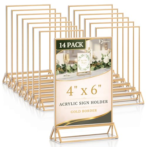 Daofary Acrylic Sign Holder 4x6 14 Pack Double Sided Clear Gold Frame Tabletop Display Menu Flyer Table Number Holder for Wedding Reception and Restaurant Tables