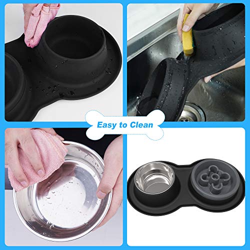 BurgeonNest Slow Feeder Dog Bowls, Stainless Steel 4-in-1 Food and Water Bowls with No-Spill Non-Skid Silicone Mat Eco-Friendly Slow Down Eating Puzzle Bowl for Small Medium Sized Dogs Cats