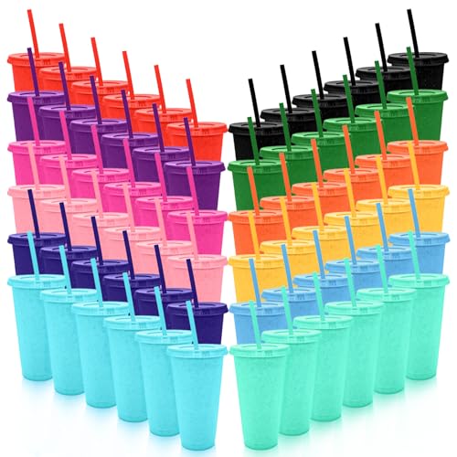 YOUKE OLA 72 Pack Glitter Plastic Cups with Lid and Straw 24 oz Bulk Reusable Cup for Coffee Cup for Adult Birthday Party (Mix Color)