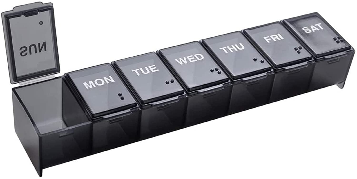 JSPM Pill Organizer Box Case, 7 Daily Container compartments, Weekly doses Boxes, Medicine Holder, Ideal for Medication, Vitamin, Supplement, Perfect for Travel, Ideal for Purse (Big)