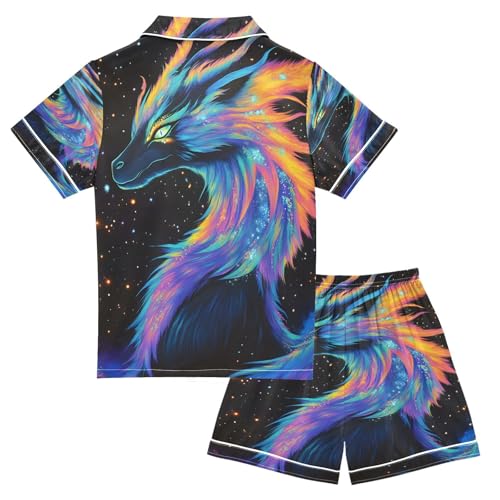 ALAZA Black Colorful Dragon Satin Pajamas Set Short Sleeve Button Down Sleepwear Summer Pjs 2 Piece2