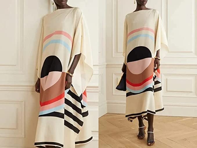 Image of Printed Lounge Wear Calf Length Silk Crepe Kaftan, Tunic, Summer Loose Caftan, Soft Dress Gift for Her, Party Wear Kaftan 5598 White One Size