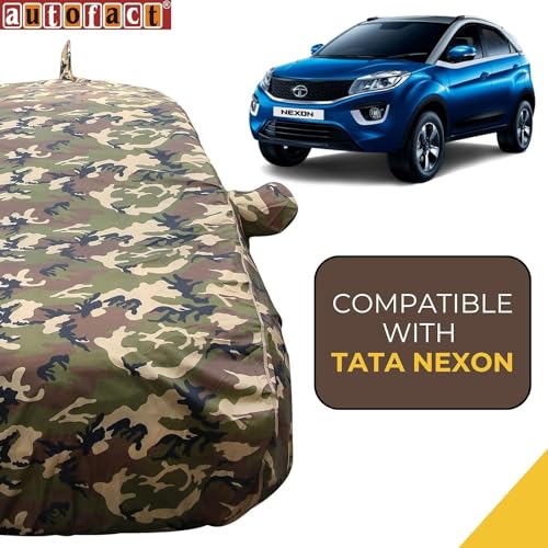 Image of Autofact 100% Waterproof Car Body Cover Compatible with Tata Nexon (2017 to 2023), with Mirror and Antenna Pockets,4 x 4 American Matty, Long Lasting Durable Material, Camouflage Army Look.