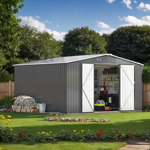 EASYHAWK 10 x 12 FT Outdoor Storage Shed, Metal Waterproof Storage Shed Steel Utility Garden Tool Shed with Door & Lock Outdoor Storage for Garden Patio Lawn Poolside Black