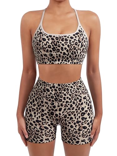 Image of SUUKSESS Women Seamless Workout Sets Strappy Sports Bra High Waist Booty Shorts Outfits