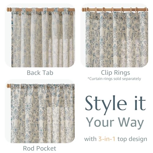 Image of jinchan Linen Floral Curtains for Living Room with Printed Flower 63 Inches Long Light Filtering Farmhouse Window Treatment Vintage Short Drapes Back Tab Rod Pocket 2 Panels Blue on Beige