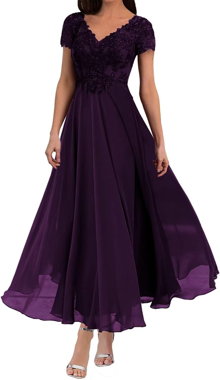 V Neck Mother of The Bride Dresses Short Sleeves Lace Appliques Formal Evening Dress for Wedding Guest Woman