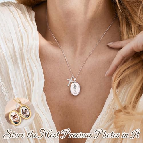 925 Sterling Silver Custom Locket Necklace with Photo, Personalized Picture Locket Necklace for Women with Birth Flower and Text, Memorial Jewelry Gifts for Her, Birthday Christmas Gifts4