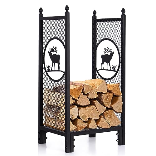 Todeco Porte bûches Range bûches vertical acier noir avec étagère, Motif de l'élan Porte-bûches Charge 60 kg, 40x30x80 cm, pour Intérieur Extérieur