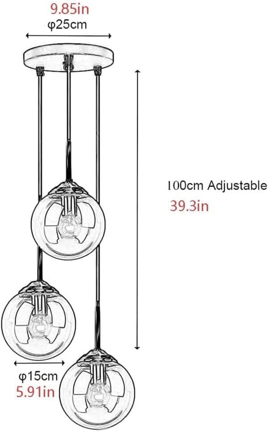 Lustre en laiton vintage industriel à 3 lumières Transparent/Gris fumé/Boule de verre ambre Suspension Cluster E27 Suspension pour îlot de cuisine Salon
